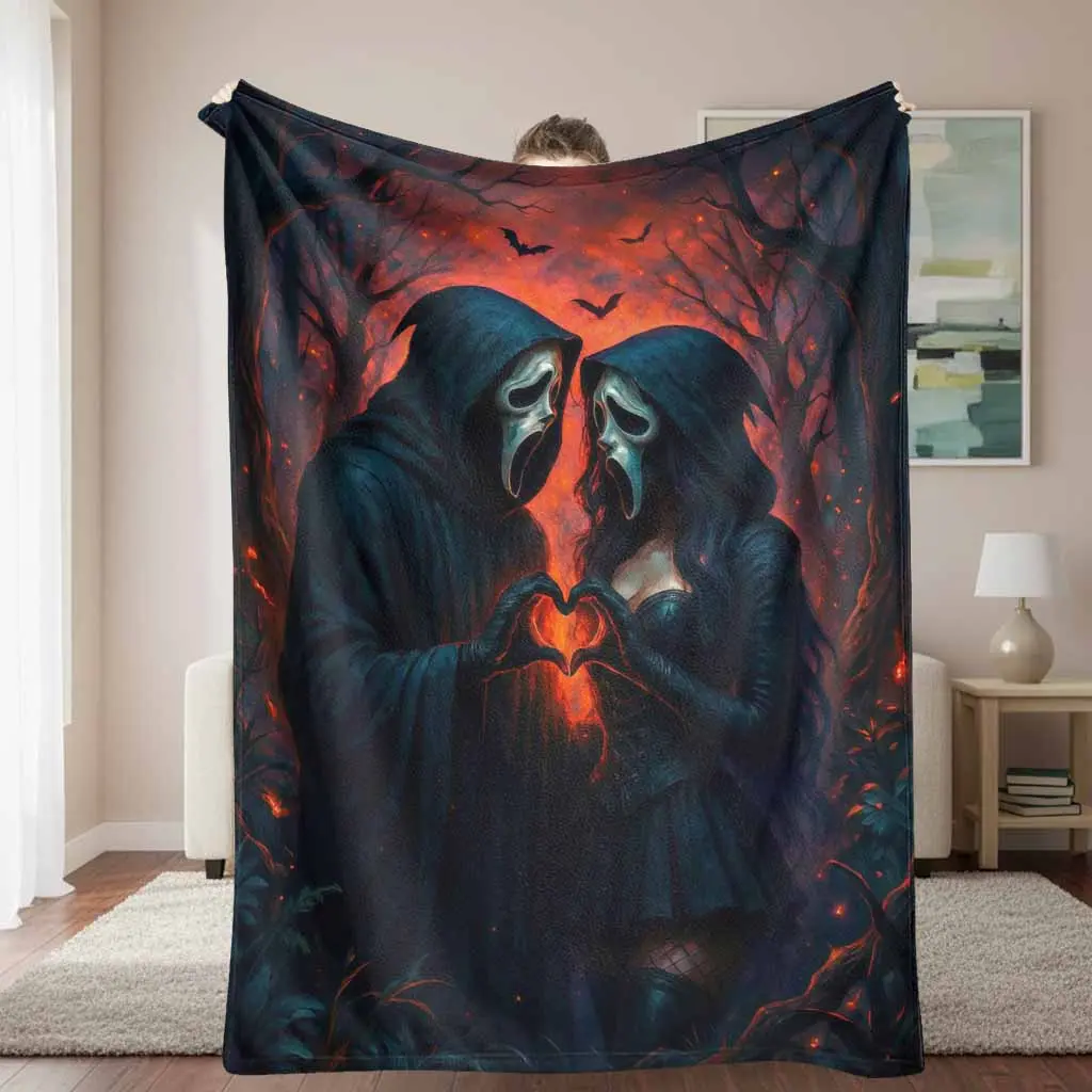 Hooded Lovers Flannel Blanket, Gothic Romance Print, Soft Cozy Lightweight All Season Body-Warming Dark Decorative Blanket for Sofa, Bedroom, Anniversary Gift, All Season Blankets, Body-Warming Blankets