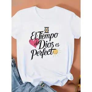 Women'S Casual T-Shirt With Inspirational Spanish Quote "El Tiempo De Dios Es Perfecto" - Round Neck, Short Sleeve, Breathable & Comfortable For Spring/Summer, Loose Fit, Perfect For Daily Wear Or Summer Parties
