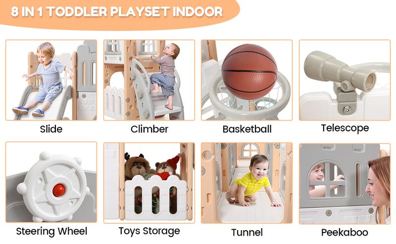 GARVEE and GARVEE 8-in-1 Toddler Slide Playset for Ages 1-3, Indoor and Outdoor Use with Slide, Basketball Hoop, Climber, Crawling Tunnel, Telescope, and Toy Storage