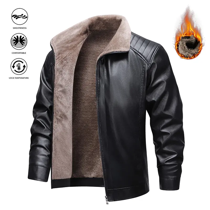 Men's Winter Stylish Fleece-Lined Warm PU Leather Motorcycle Jacket - Street Style Menswear Top, Long Sleeve Plain Coat, Versatile for Casual Daily Wear, Ideal Gift for Boyfriend