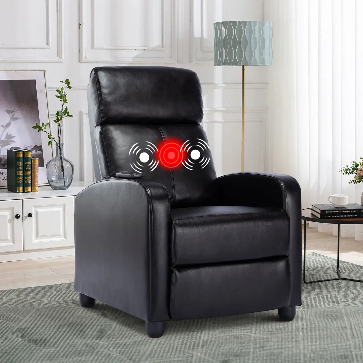 EBELLO PU Leather Massage Recliner Chair Winback Recliner Chairs, Modern Padded Seat Reclining Chair Single Sofa for Living Room, Adjustable Home Theater Seating Office Black