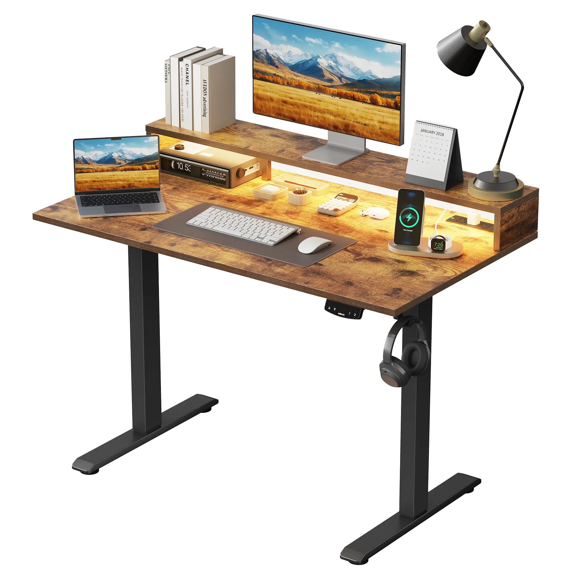 Agilestic 47.2 inch Electric Standing Desk with Power Outlet and LED Light Strip, Height Adjustable Sit-Stand Desk with Storage Shelf & Hooks, Home Office Computer Desk with Memory Buttons,Gaming Desks Gifts for Men and Women,White/Black/Rustic Brown summ