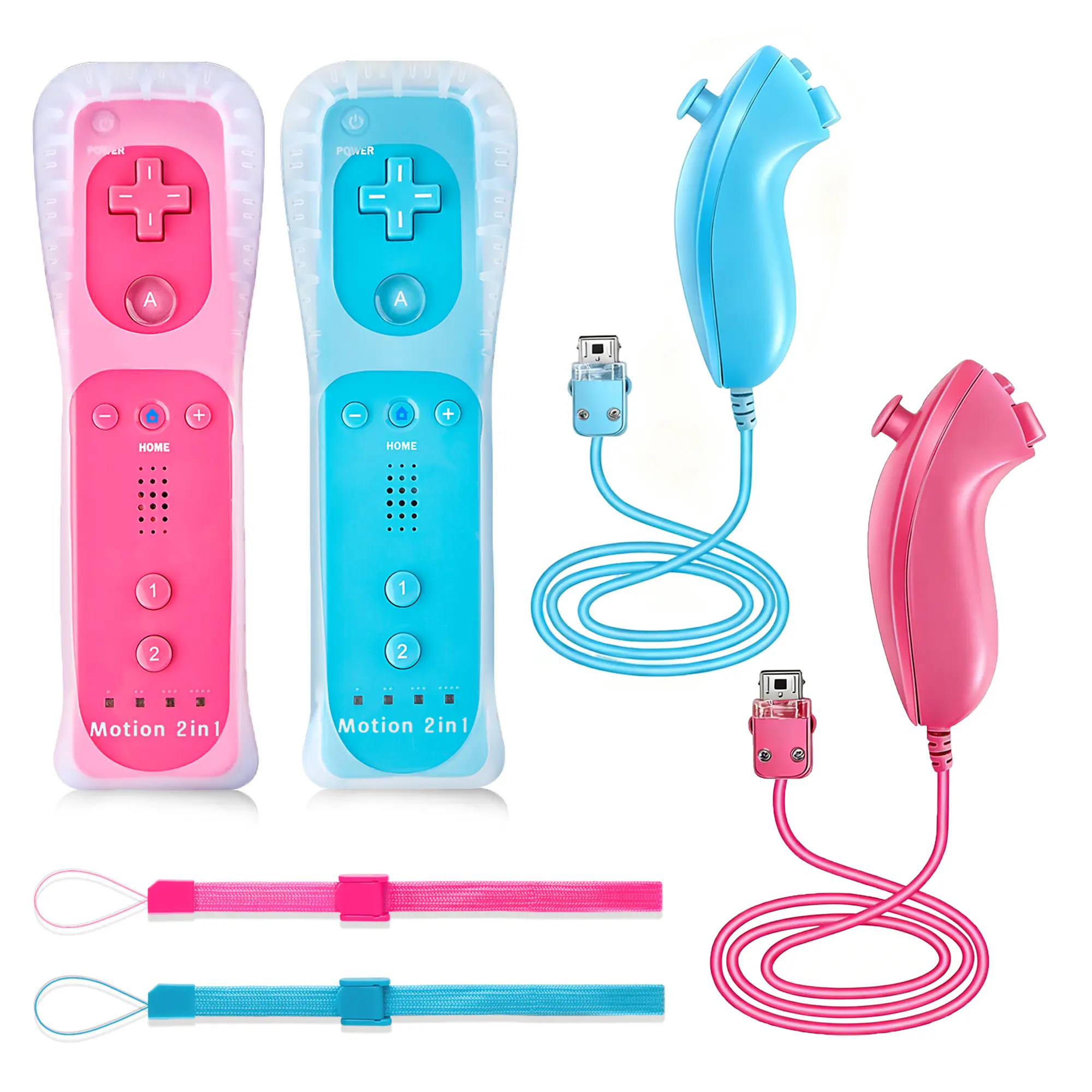 TXKX 2Pack Motion Plus Wii Remote Controllers with Nunchucks,Wii Remote Controllers with Built in Motion Plus Compatible for Wii U Consoles(BluePink)