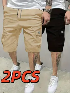 Men’s cargo shorts, set of 2, with multiple pockets — casual outdoor shorts made from durable nonstretch fabric, suitable for hiking, running, workouts, and everyday wear; hiking gear, running apparel, functional fashion, sturdy construction, ideal for fi