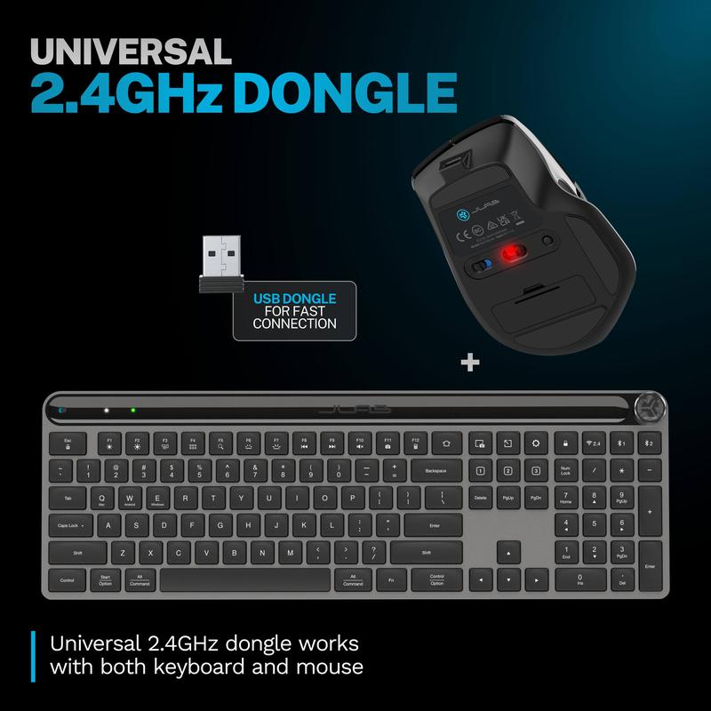 JLab Epic Wireless Keyboard & Mouse Set: Minimalist & Modern, Bluetooth/USB, Multi-Device, Illuminated Keys, Media Knob, Rechargeable 6-Month Battery, Customize