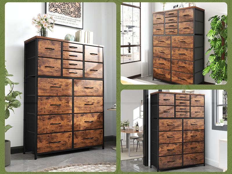 Raybee Furniture Dresser with 16 Drawers, Tall Dressers with Wood Top and Metal Frame, Large Dressers & Chest of Drawers for Bedroom, Closet, Living Room
