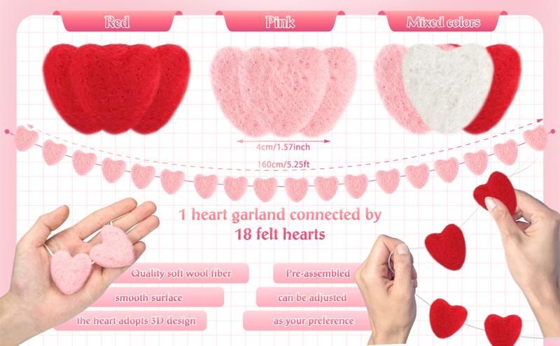 Valentine's Day Decoration Heart Envelope Garland Love Letter Banner Felt Heart Garland Banner Hanging Heart Decorations Rustic Farmhouse Hanging Decor for Wedding Anniversary Gothic Bridal Shower Party Fireplace Mantle Wall Door Room Bedroom Home Decor