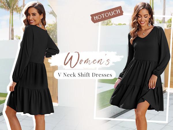 Women‘s Casual Tunic Dress V Neck Tiered Dress Long Sleeve Fit Swing Shift Dress with Pockets Loose Ruffled Dresses