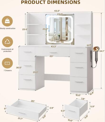 WeCharmer Vanity Desk Set with Round Mirror, Vanity with Lights, Makeup Vanity with Mirror, 3 Lighting Modes, for Bedroom Furniture Table Storage Drawer Modern Design Organizing