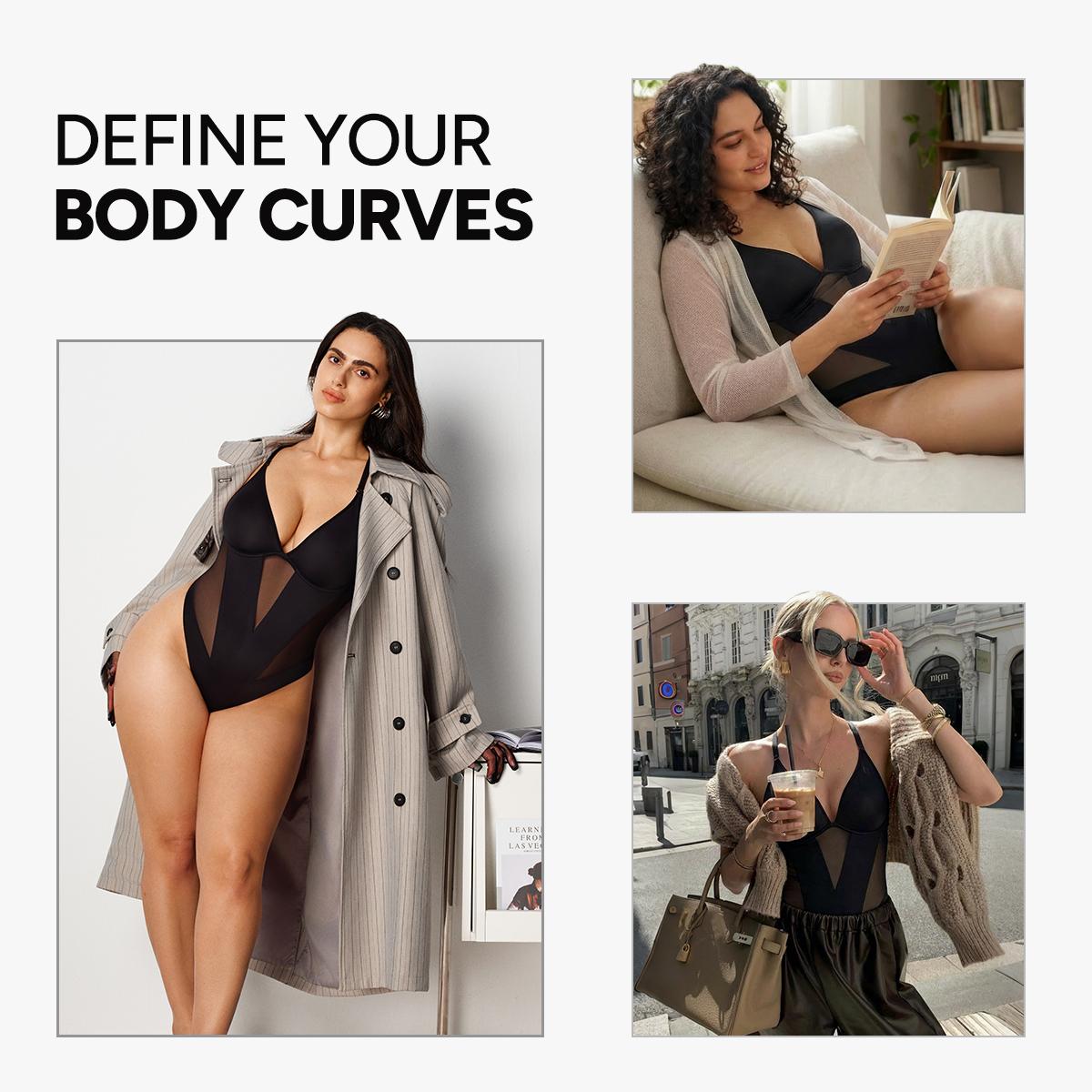 Nebility Women's Deep V Mesh Shapewear Bodysuit with Adjustable Straps for Chest Support and Tummy Control Thong Design for Snatched Waist Womenswear Compression Basic Minimalist Black