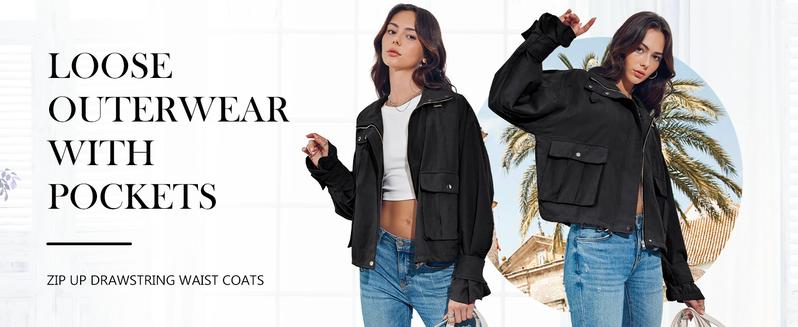 Imily Bela Womens Cropped Bomber Jacket Long Sleeve Zip Up Casual Coats Loose Fit Outerwear with Pockets