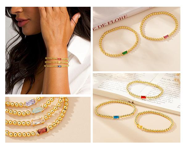 Turandoss Birthstone Beaded Bracelet for Women - 14K Gold Plated Bead Elastic Bangle Bracelets Trendy Friendship Birthday Jewelry Gifts for Women