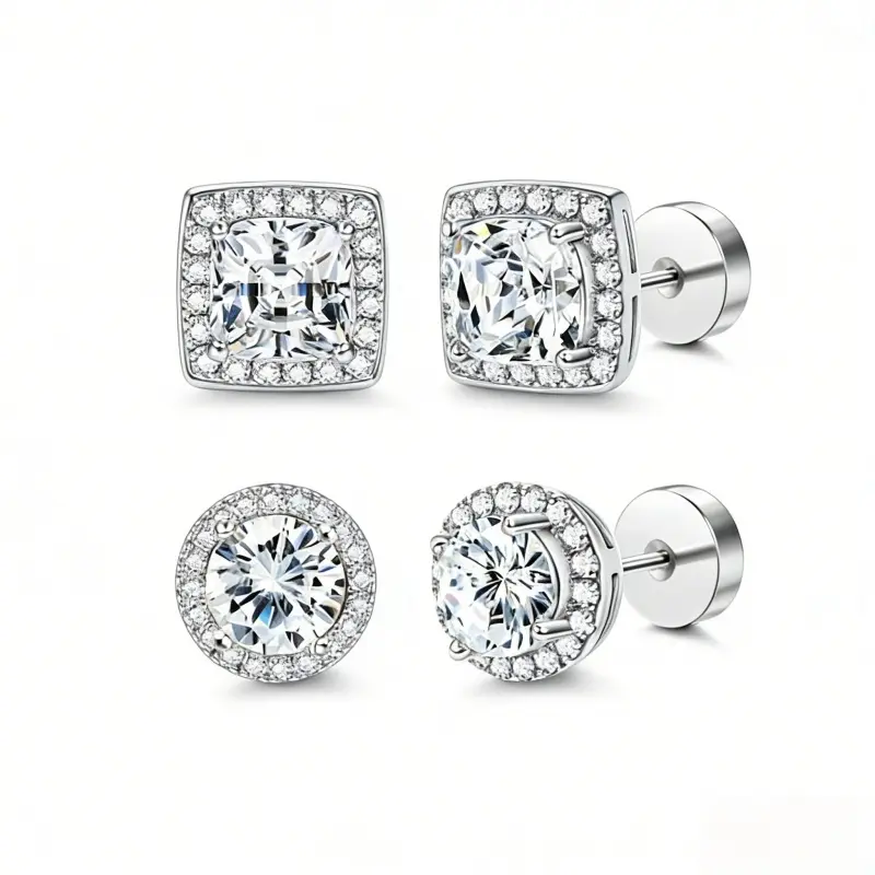 Women's Luxury 4-Pack Zircon Stud Earring Set - Gold/Silver, Round/Square Styles, Hypoallergenic Fit, Everyday Wear, Matching Backs, Complimentary Box - Accessories for Women, Premium Gifts, Gemstone stud earrings, Jewelry For Women