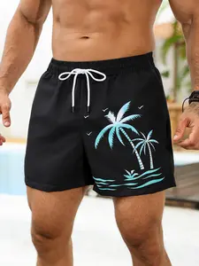 Men’s tropical leaf print quick-dry beach shorts for swimming and vacations, breathable single-layer drawstring outdoor casual summer shorts
