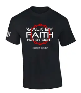 Mens Christian Shirt Walk By Faith Not By Sight 2 Corinthians 5:7 Scripture American Flag Sleeve T-shirt Graphic Tee Casual Menswear