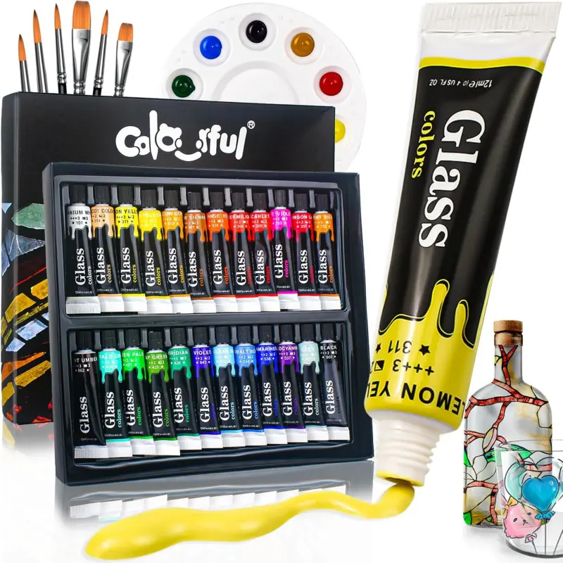 12/24 Colors 12ml,Colorful Acrylic Glass Art Painting Supplies Set with 6 Brushes, 1 Palette, Stain Glass Paints for Wine Glass, Waterproof Acrylic Enamel Paint Kit to Create Translucent Arts on Porcelain, Window & Ceramic