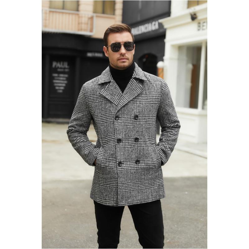 Men's Double Breasted Pea Coat Winter Overcoat Short Trench Coat Notched Collar