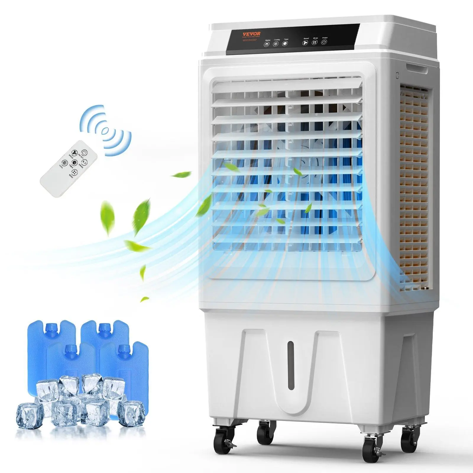 VEVOR Evaporative Air Cooler - Swamp Cooler with 135° Oscillating Ambient Cooling, 3 Adjustable Speeds, 12H Timer, 0-72° Auto Swing Fan, Touch Panel, Garden Hose & Ice Packs Compatibility, Stylish Appearance, Portable for Indoor/Outdoor Use, Cooling Fan,