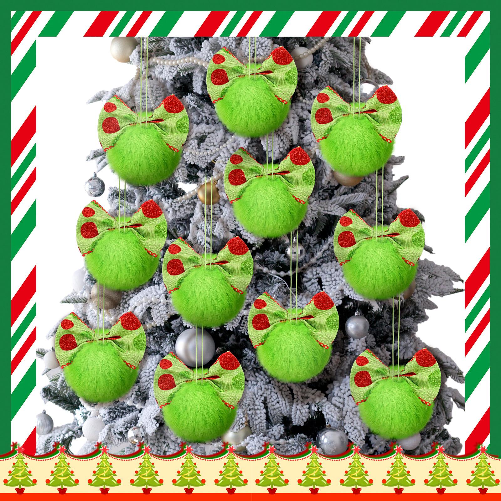Christmas Clearance Sale Christmas Ornaments 12 Pcs Lime Green Furry Christmas Balls with Bows or Red Heart Cute Green Monster Christmas Decorations Hanging Ornaments for Xmas Tree Holiday Party Home Wall Christmas Decor Christmas White Elephant Gifts