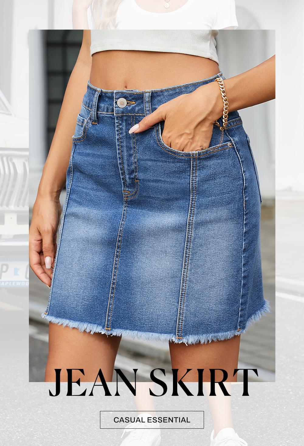Women's Sidefeel Denim Skirt Casual Stretch High Waist Raw Hem Zipper Closure Jean Skirt