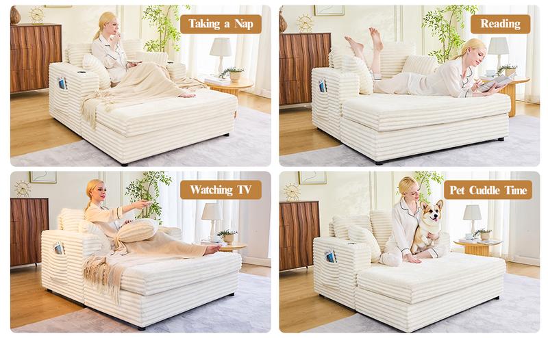 Oversized Chaise Lounge Chair Indoor, 49" Upholstered Sofa Bed with Frame, Plush Faux Fur Sleeper Couch with Throw Pillows, Armrests&Cup Holders, Deep Seat Reading Chair for Living Room, Bedroom,Beige