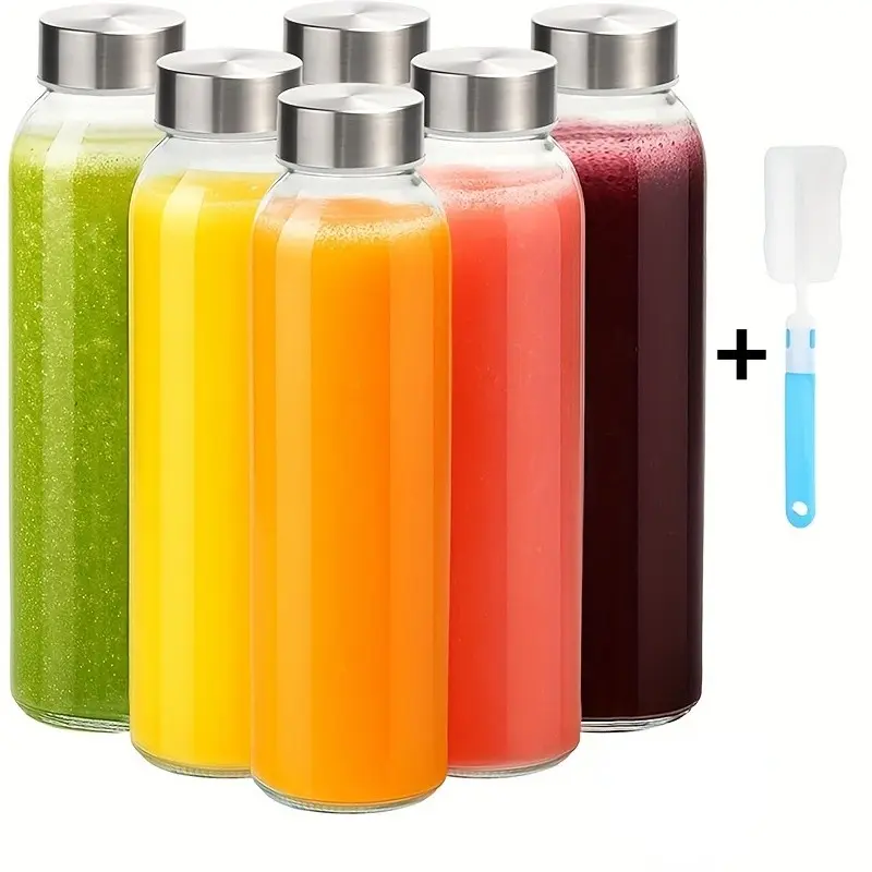 18oz Transparent Glass Bottle Reusable Water Cup with Stainless Steel Lid, Juicer Compatible, Leak-Proof, 6 Pack, Leakproof Reusable Bottle, Refrigerator Safe, Drinkware, Reusable Glass Bottles