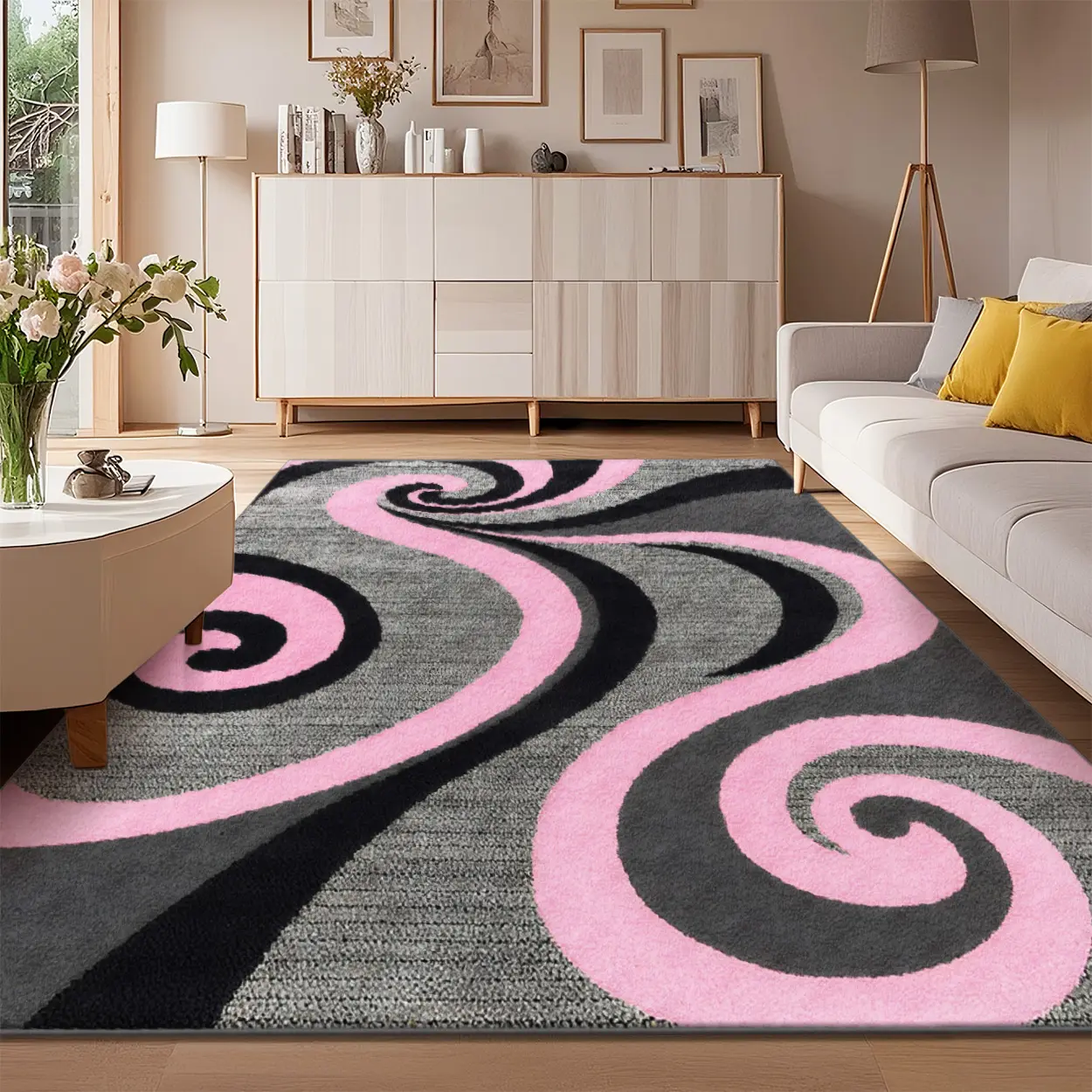 Soft Pink & Black Swirl Pattern Round Rug - Non-Slip, Washable, Multi-Size Carpet for Living Room, Bedroom, Room Decor with Local Delivery