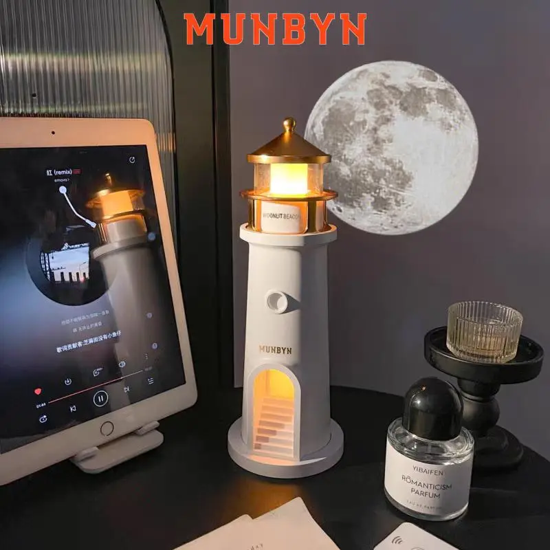 【MUNBYN Moon Lamp Projector Night Light】Wireless Portable Moon Lighthouse Lamp with Remote Control, Moon Light Galaxy Projector Rechargeable LED Aesthetic Table Lamp for Kids, Children Design Decor