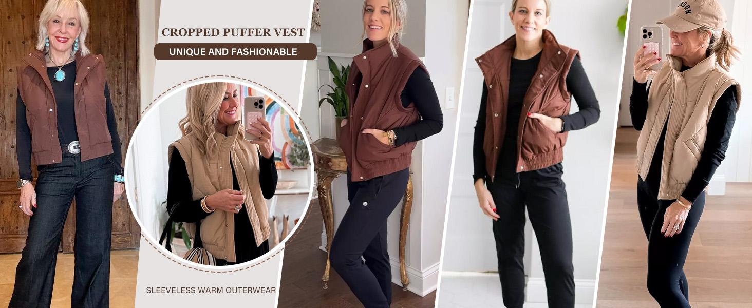 Naeduo Womens Puffer Vest Cropped Lightweight Button Down Quilted Vest Sleeveless Padded Gilet Coat with Pockets