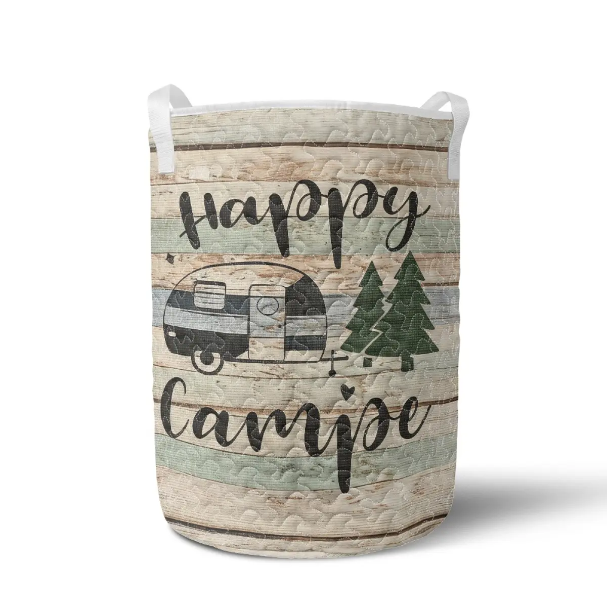 Quilted Fabric Camping Laundry Hamper with Portable Handle - Vintage Wood Pattern Storage Organizer Bin for Home, Dorm Clothing