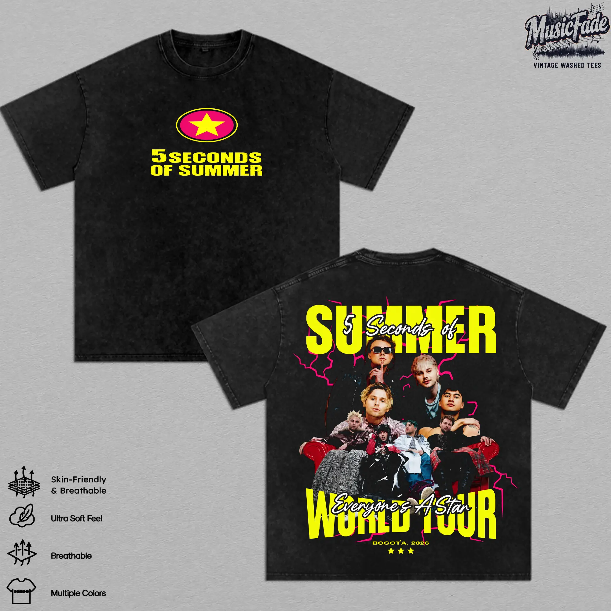 5SOS 5 Seconds of Summer Everyone's A Star World Tour 2026 Vintage Acid Washed Oversized T Shirt, Pop Rock Band Graphic Tee, Concert Tour Merch, Retro Y2K Music Streetwear Shirt, Heavyweight Cotton Black Tee, Fan Gift Apparel