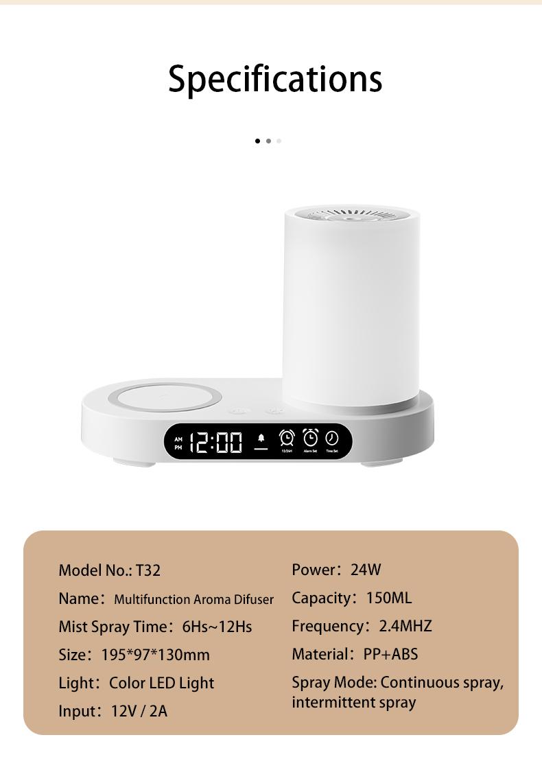 【CLEARANCE SALES】DOMEIU Multi-function automatic shut-off air humidifier bedroom chargers , aroma diffuser,  wireless charging, Bluetooth speaker. 7 color light, alarm clock,  Automated Aromatherapy .Limited-time flash sale products