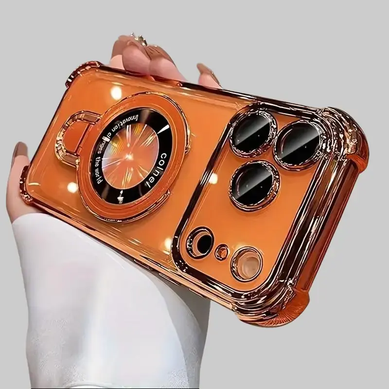 Transparent Hard Acrylic Smartphone Case with Shock Resistance, Electroplating Finish, 4-Corner Drop Protection, DIY Magnetic Stand, Camera Lens Protective Film for iPhone 17 Pro Max, 16 Plus-11 | Cellphone Handheld Devices Accessories clear bracket