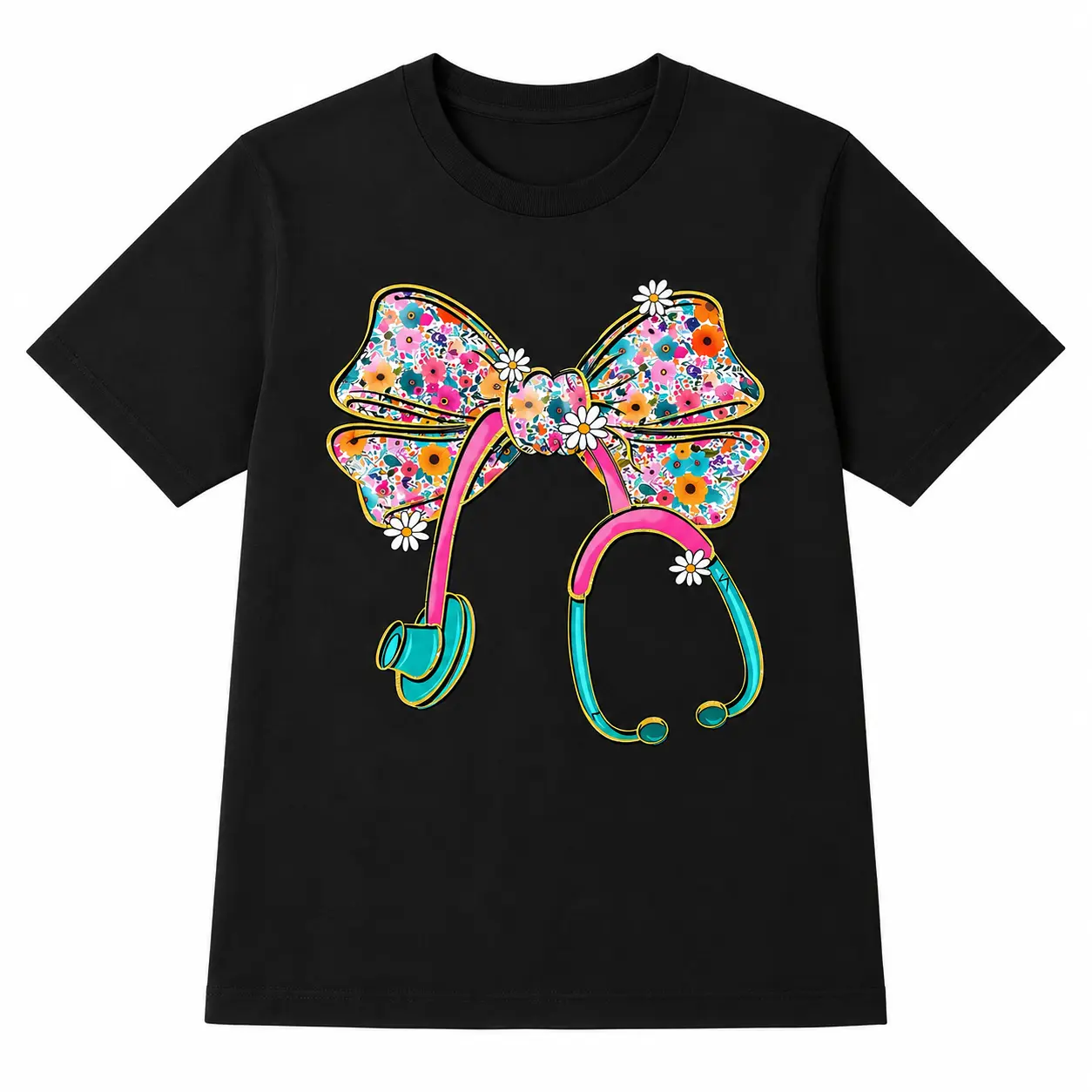 Women'S Floral Doctor Bowknot T-Shirt - Elegant Nursing Scrub Top With Floral Accent, Stretchy Work Shirt For Nurses, Healthcare Professionals - Soft Everyday Hospital Attire (SpringFallSummer) - Ideal Nurse Gift, Nurse Shirt, Casual Wear