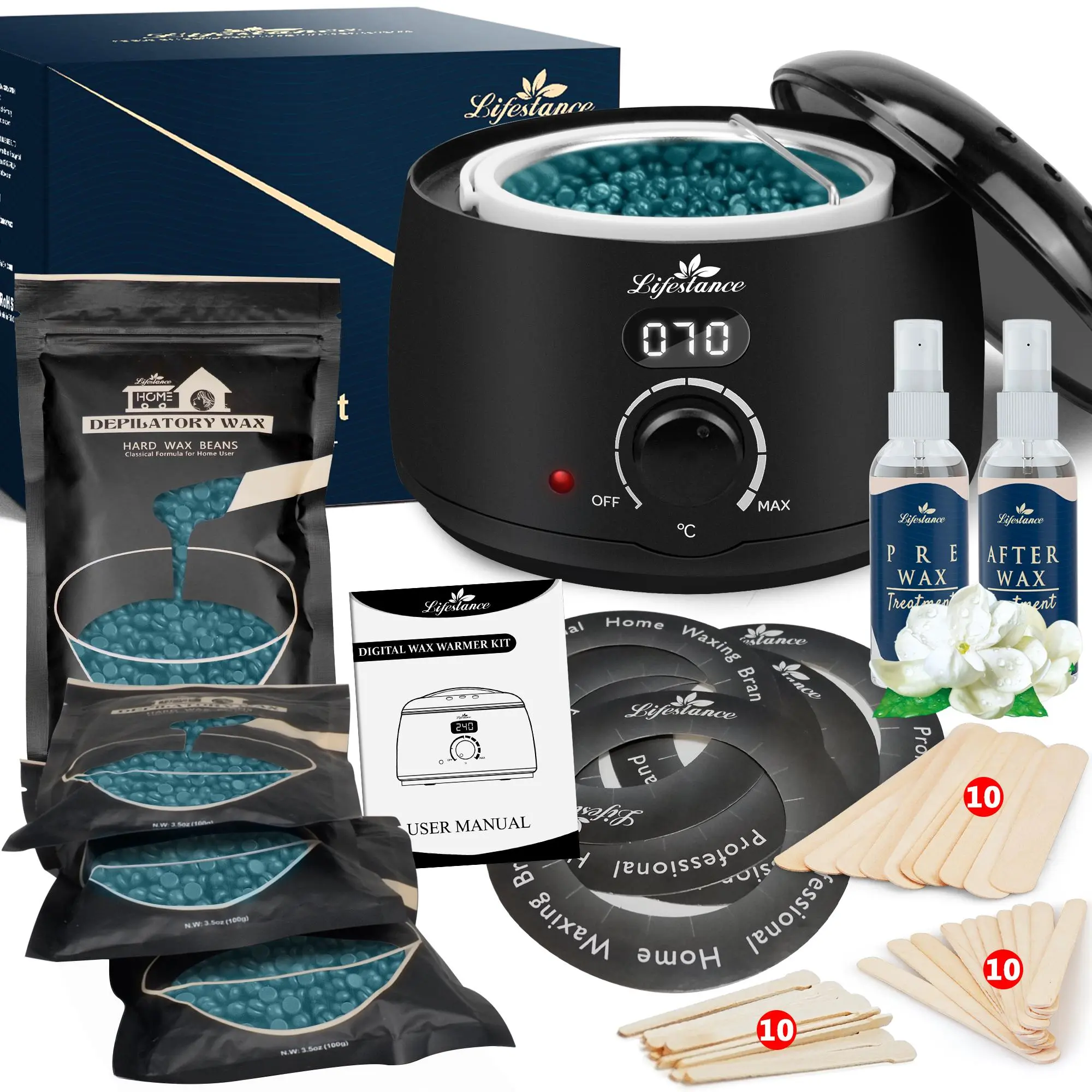 Wax Therapy Technology Hair Removal Wax Kit with Digital Wax Heater Includes 4 packs of wax beads (14.1 oz total) and 42 wax cups Professional-grade formula suitable for all hair types: eyebrows, face, bikini area,travel essentials,sunscreen