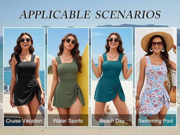 Blooming Jelly Womens One Piece Swim Dress Retro Tummy Control Modest Swimsuit Ruched Wide Strap Square Neck Bathing Suit