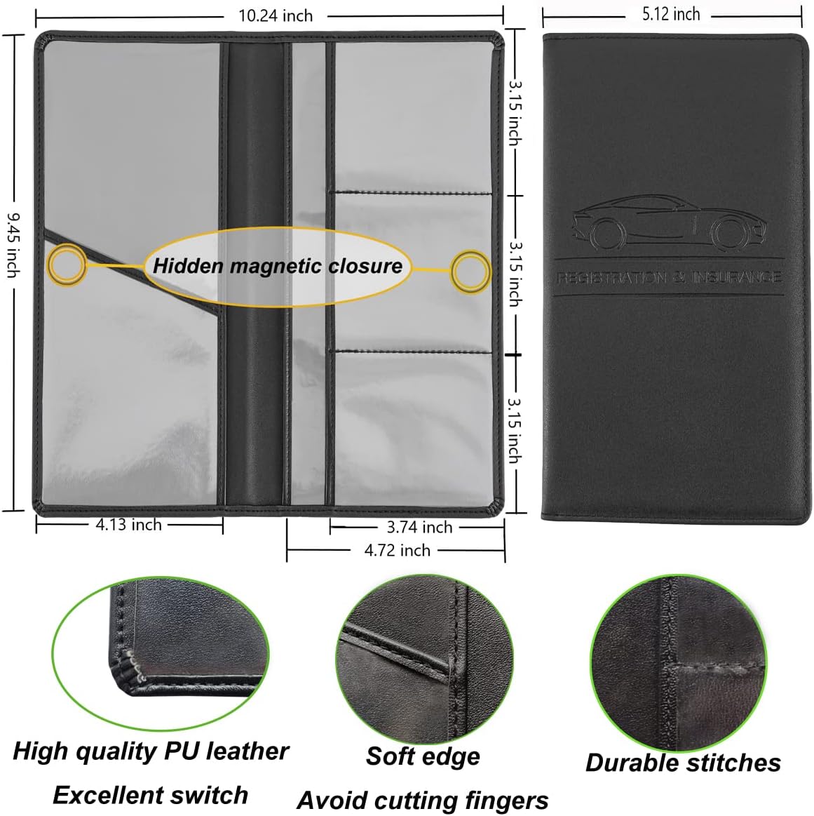 Car Registration and Insurance Holder, Car Organizer Premium Leather Registration and Insurance Card Holder,with Magnetic Shut for Cards, Essential Document, Driver License