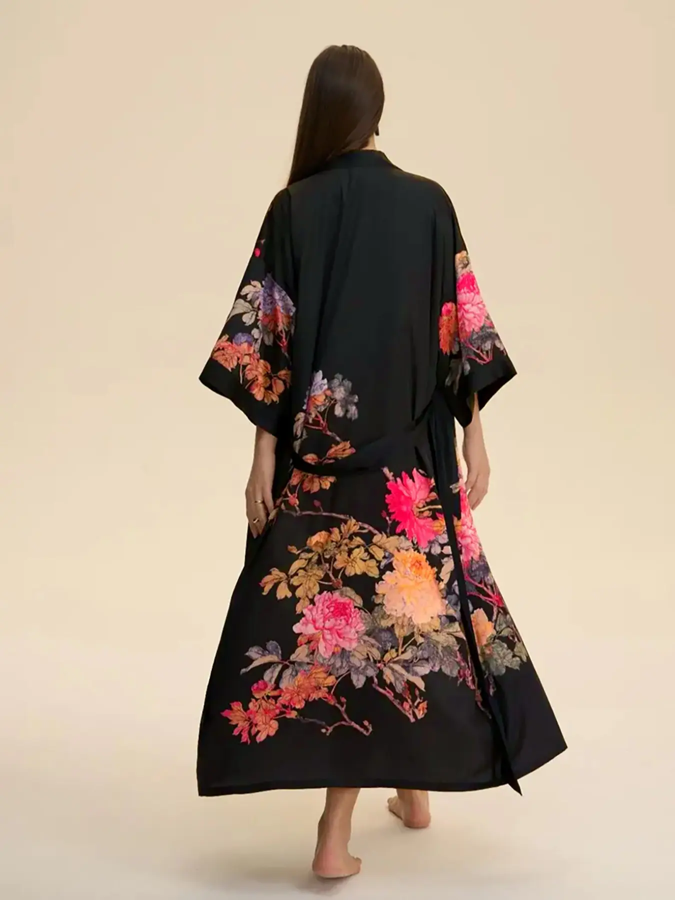 Elegant Japanese Rose Floral Print Traditional Kimono Cardigan, Long Sleeve Loose Fit Oversize Women's Outerwear, Womenswear, Party Street Style Beach Vacation Dressing Gown, Versatile Wear, Elegance, Lightweight