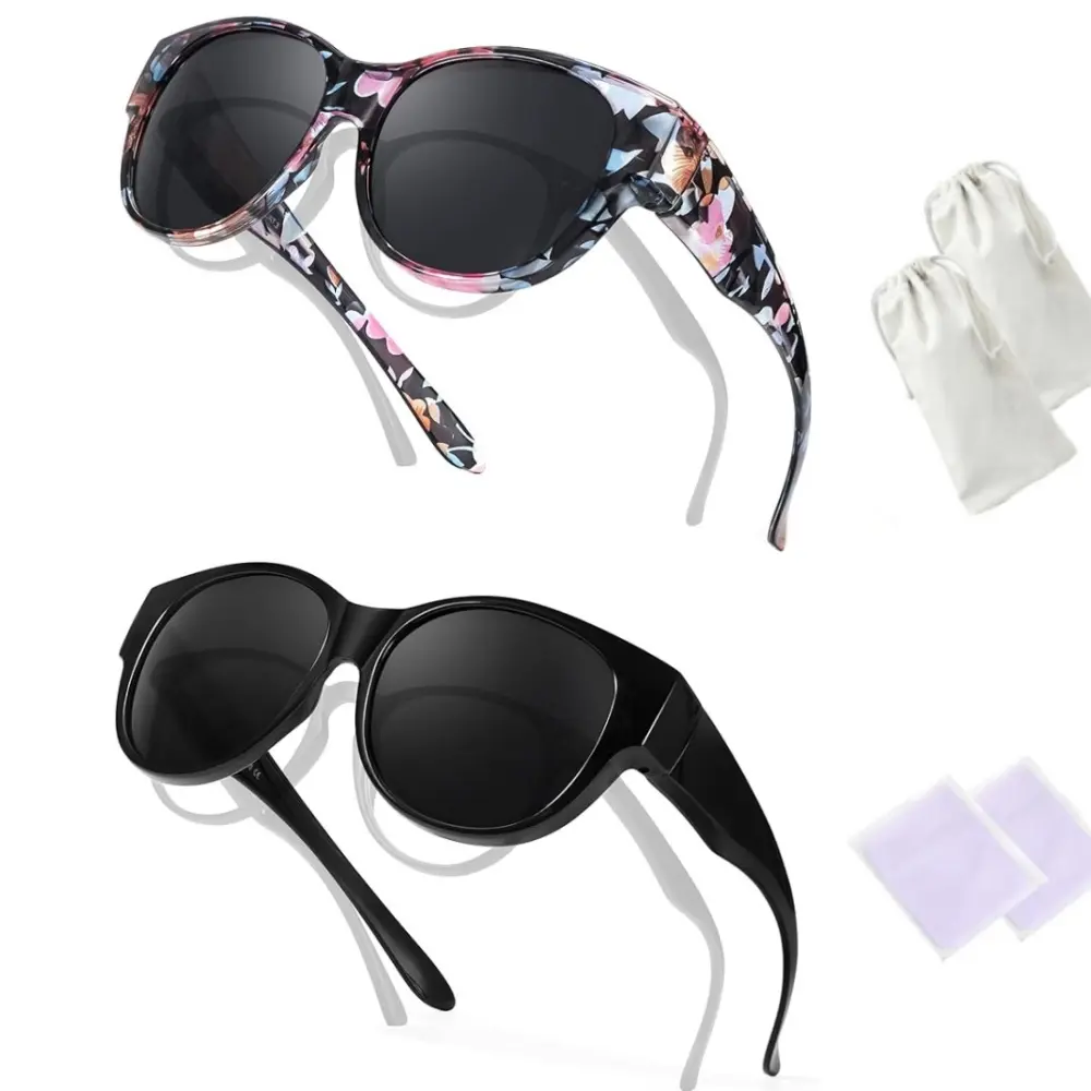 Polarized Fit Over Sunglasses for Women | Oversized Square Over Glasses Sunglasses with UV Protection 2 Pack