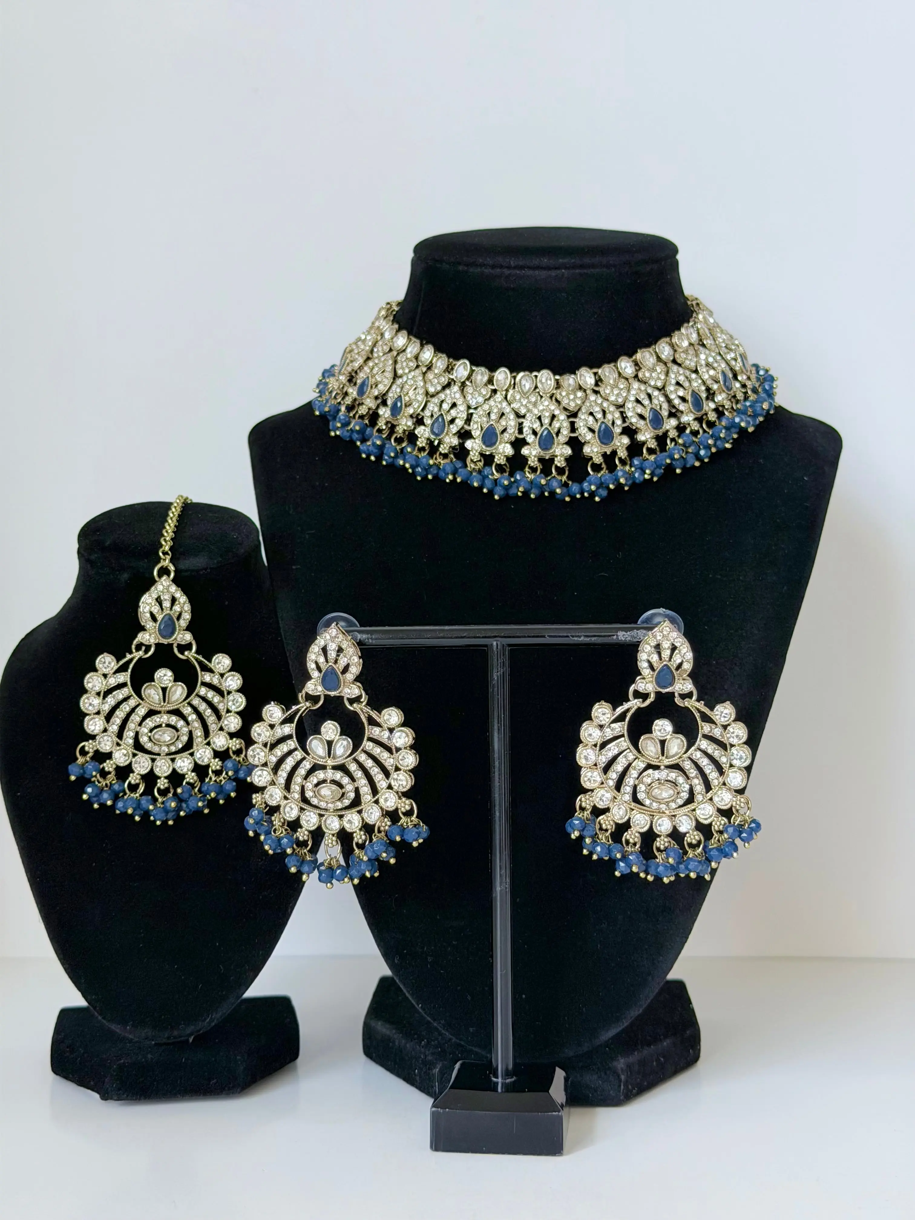 Bollywood Neel Stonework Necklace Set with Earrings and Mangtika(Mehendi Base)