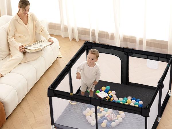 dearlomum 50" x 50"/ 71" x 59"Extra Large Baby Playpen for Babies and Toddlers, Safe Activity Center with Soft Play Fence, Indoor Safety Yard, Easy to Assemble and Clean，Noneremovable waterproof thick mat (Black/Gray)