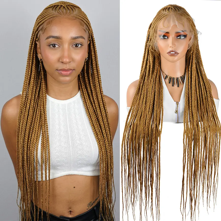 Dosay Handmade Synthetic Cornrow Braided Wigs Full Lace Fulani Braids Criss Cross Wig 36 Inches Goddess Knotless Box Braided Lace Front Wig Colored Braids For Women