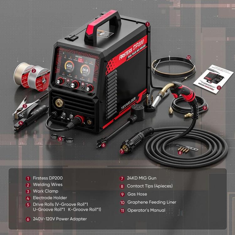 YESWELDER Firstess DP200 120/240V Dual Pulse MIG Welder | 7-Inch LCD Screen & Upgradeable Firmware | Pulsed MIG/MIG/Flux Core/Aluminum Spool Gun/Lift TIG/Stick Multiprocess Welding Machine