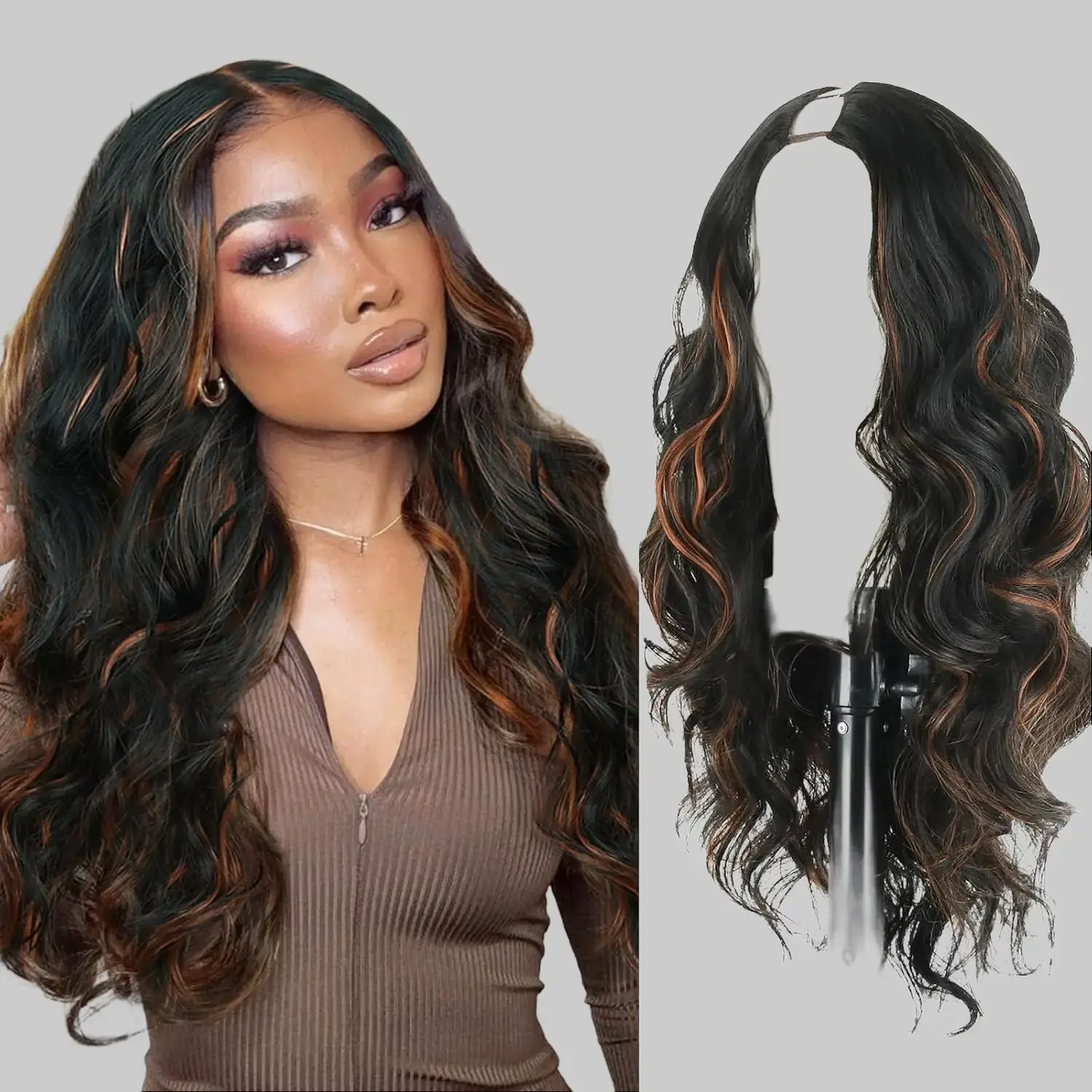 Highlights Brown V Part Wig Upgrade U Part Wigs Clip in Synthetic Hair Replacement Wig Long Curly Wavy V Part Half Wigs for Black Women