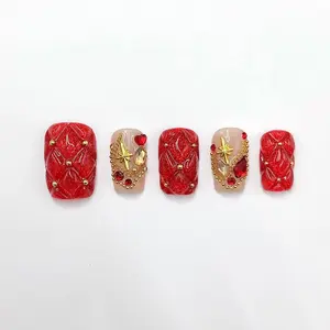 22mm short square nails! Red glitter+3D texture+gold chain and gemstone embellishment