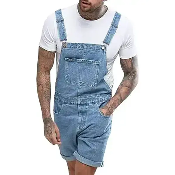 Runcati Men's Denim Shorts Bib Overall Jean Romper Casual Loose Fit Walkshort Button Pockets Summer Jumpersuit