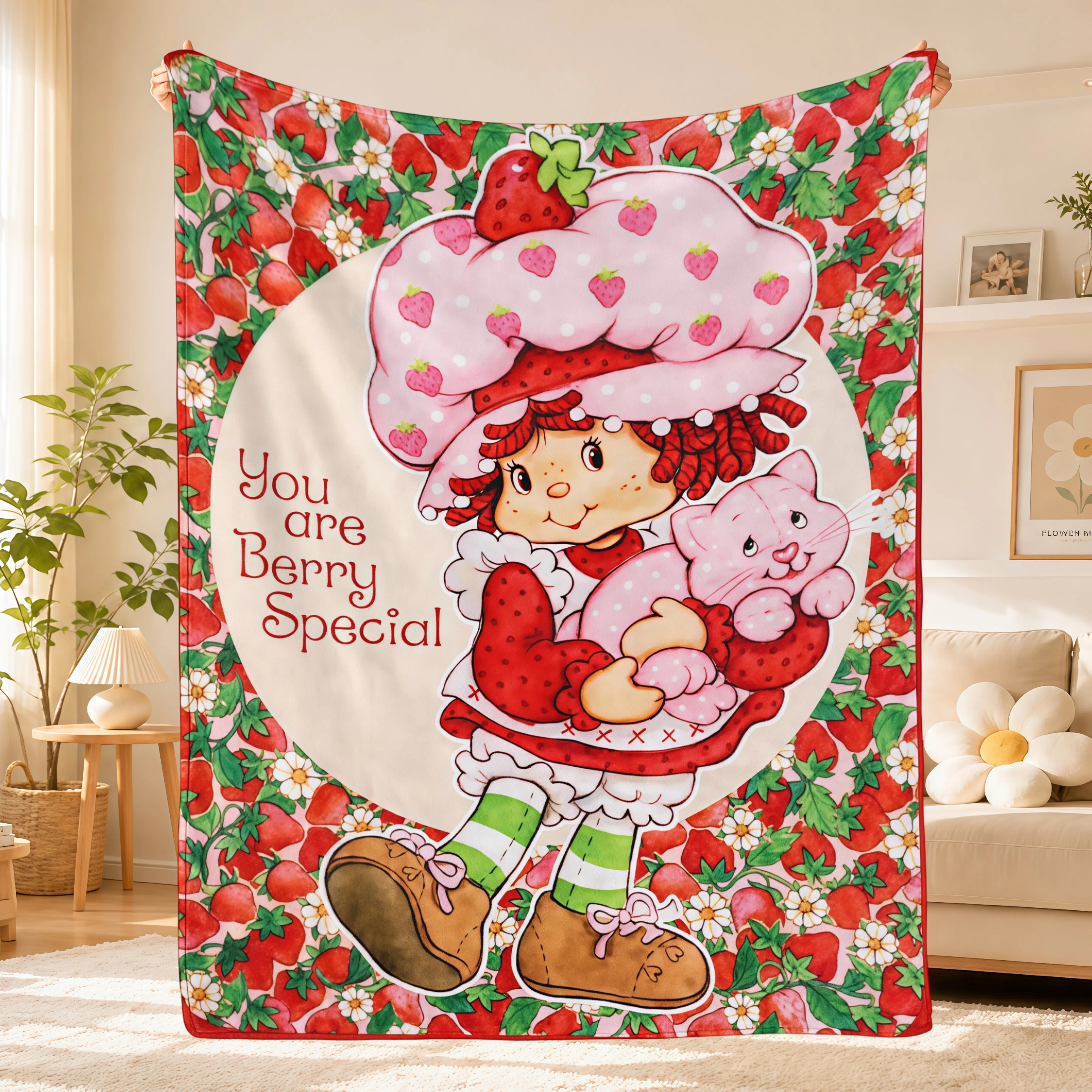 Soft Strawberry Girl Cartoon Flannel Blanket,Cute Pink Strawberry Throw Blanket for Girls Kids Women,Cozy Lightweight Blanket for Bed Sofa Couch,Kawaii Fruit Room Decor,Birthday Christmas Gift for Family Friends