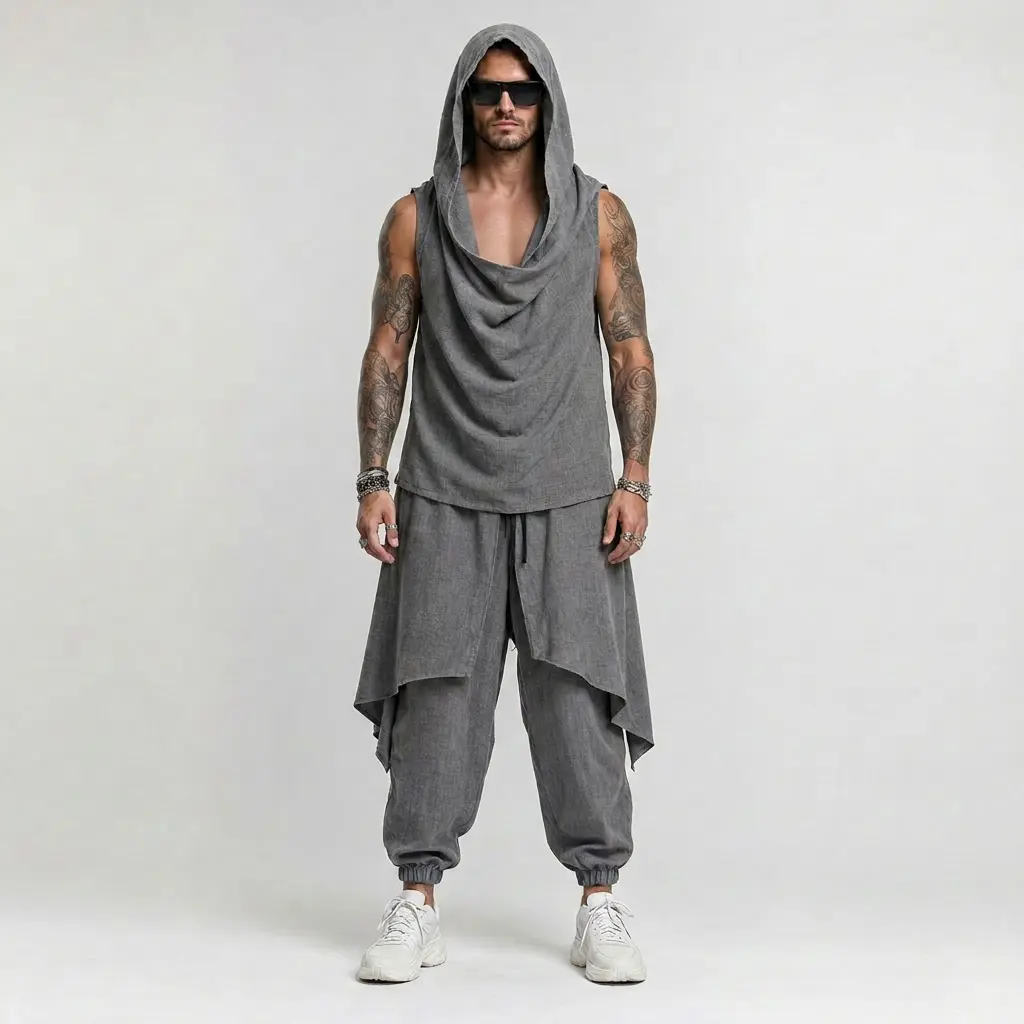 INCERUN Men's 2-Piece Leisure Tracksuit - Solid Color Polyester Sleeveless Swing Collar Hooded Top, Patchwork Pants, Men's Fashion Basics, Moderate Thickness Woven Fabric, S, 2XL, 3XL, 4XL, 5XL