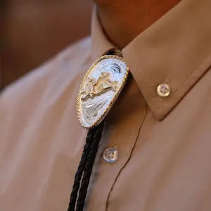 Silver Oval Corbatín with Golden Bull Rider | Western Bolo Ties | Corbatines Vaqueros