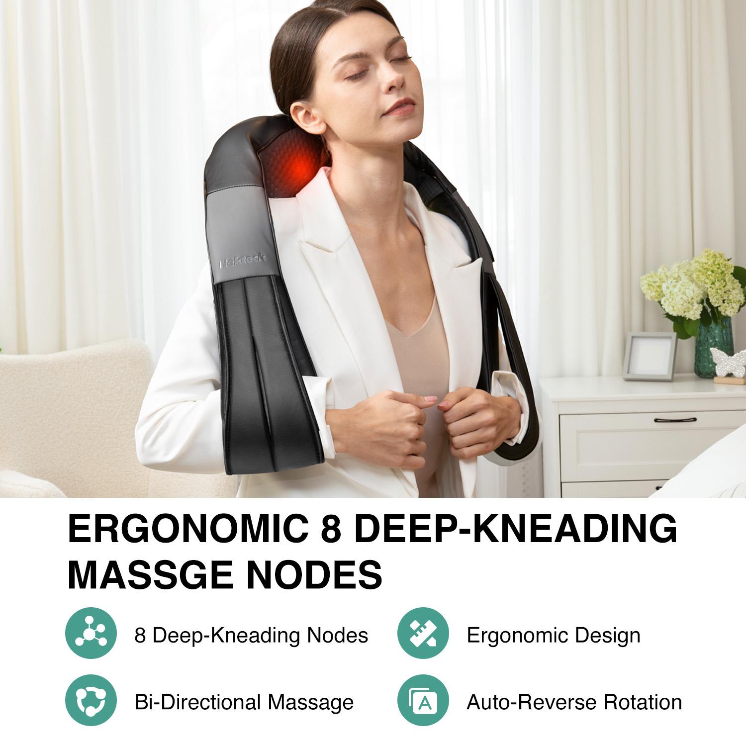Nekteck Cordless Shiatsu Neck & Back Massager with Heat - 8 Nodes, 3 Intensity Levels, Rechargeable Battery, Ergonomic Design for Pain Relief
